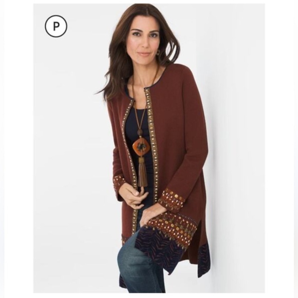 Chico's Rich Brown Cardigan with Beaded Detail long gorgeous
